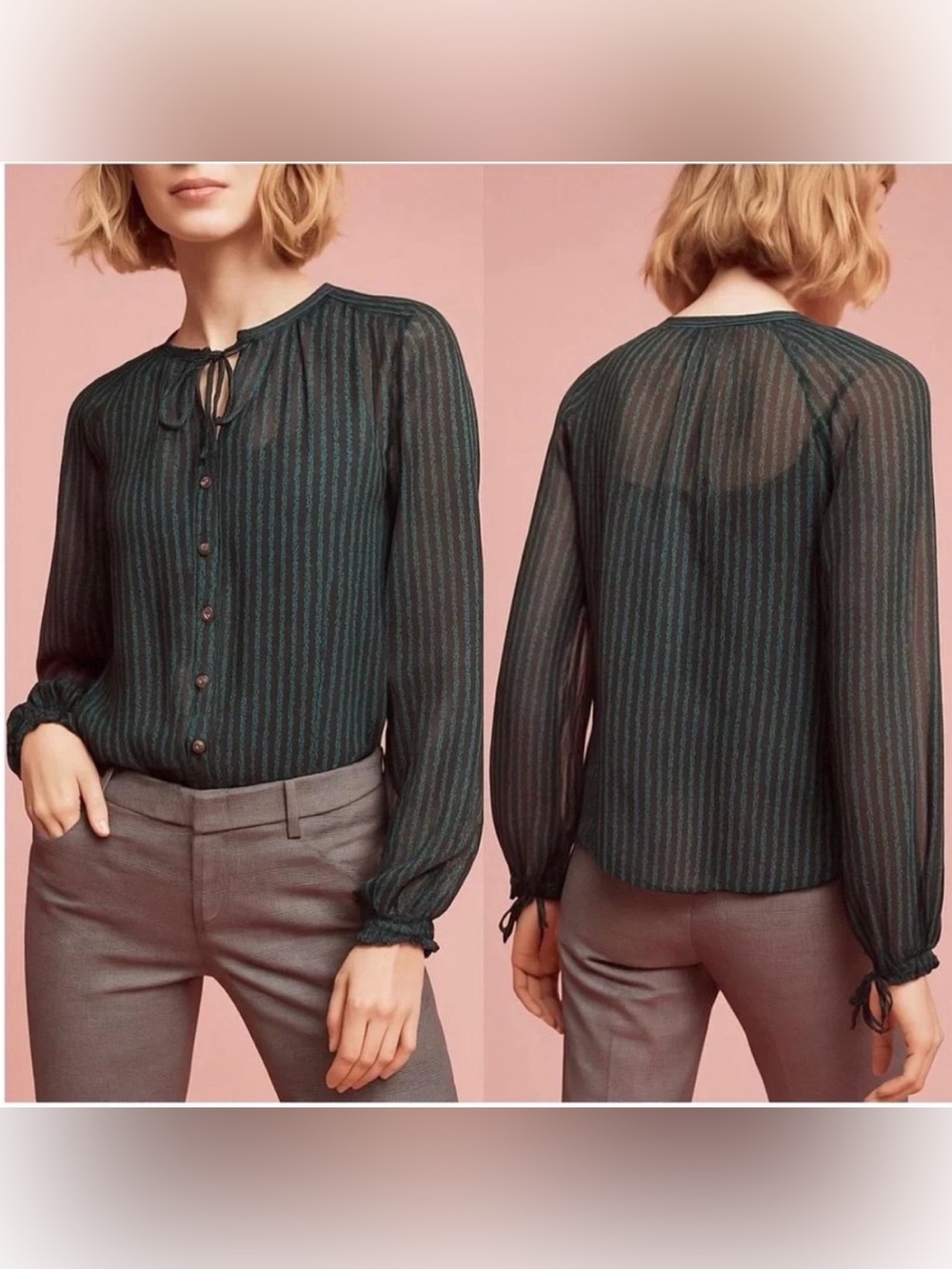 Maeve Della Chevron Sheer Green/Navy Longsleeve Tie Neckline Sz M